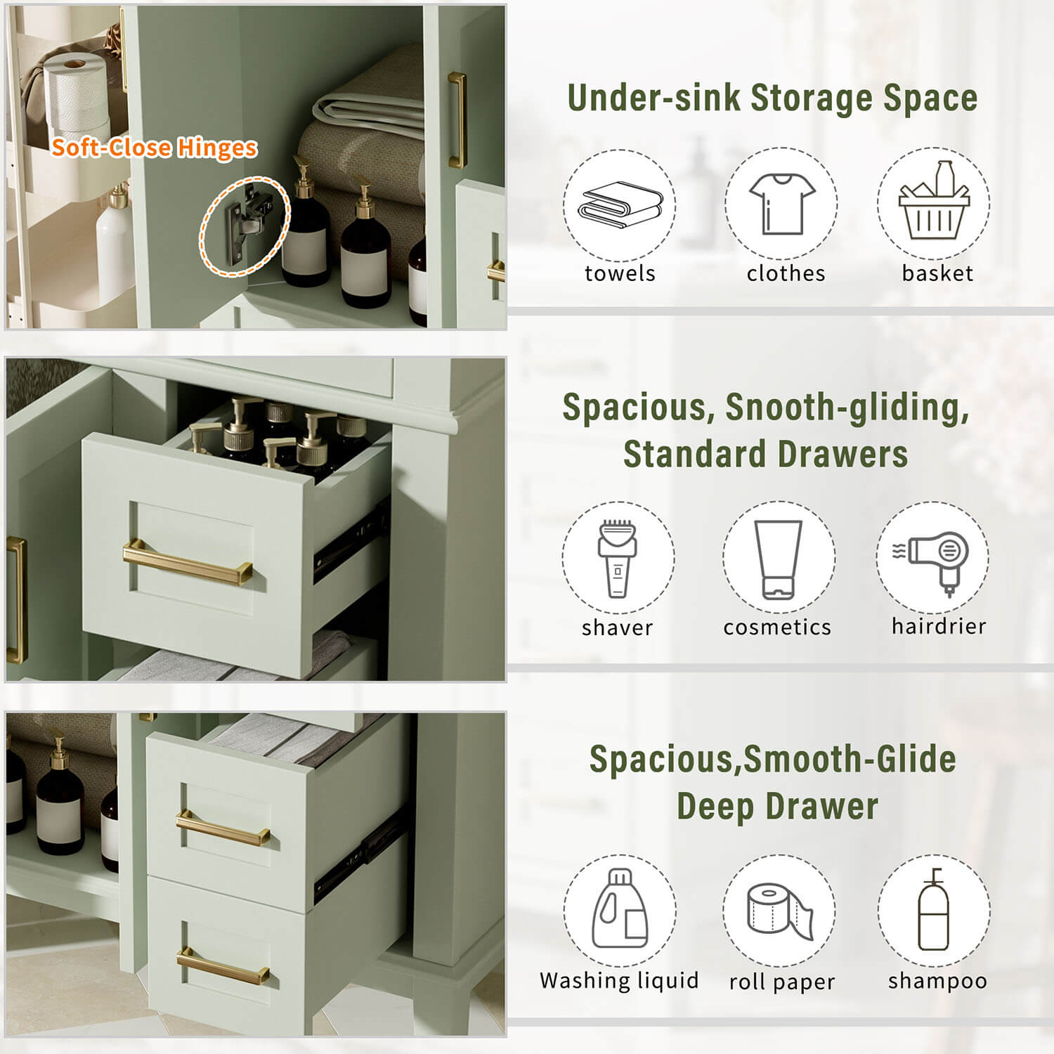 green solid wood bathroom vanity with large storage space 