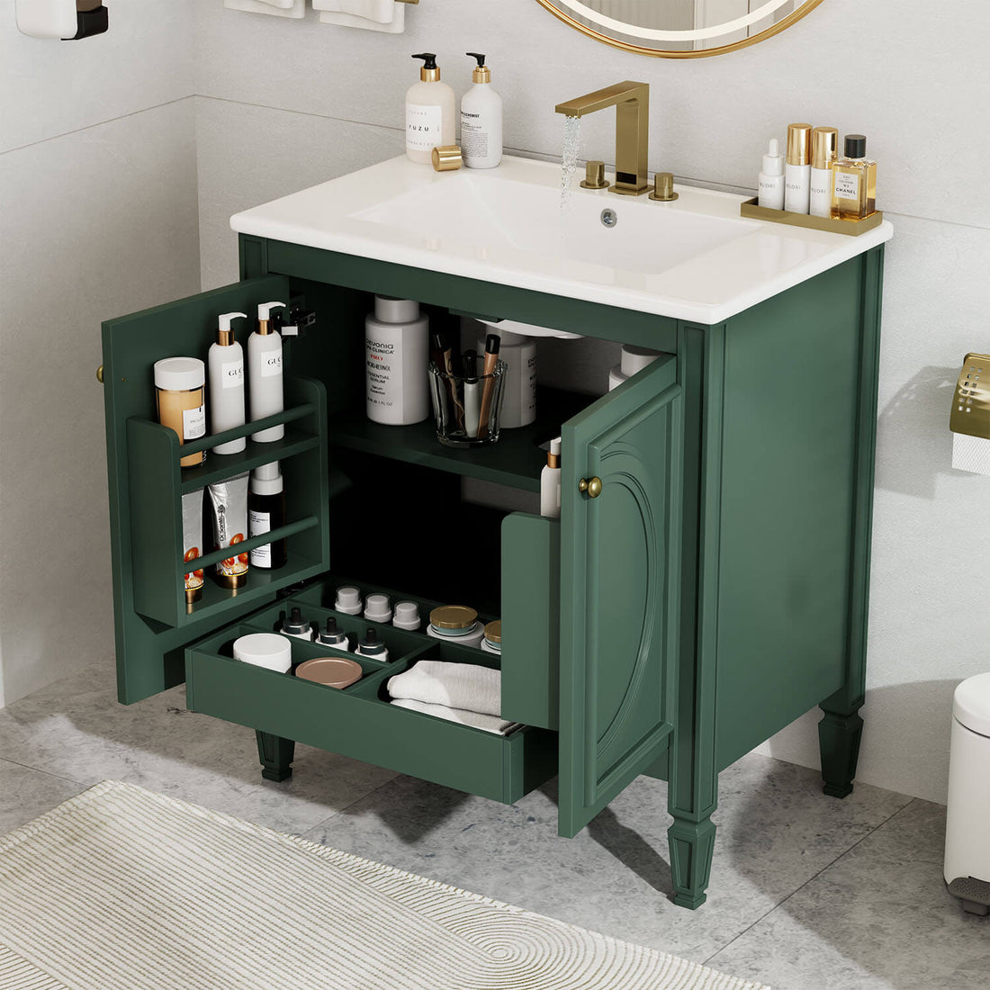 green vanity cabinet with ample storage for bathroom essentials