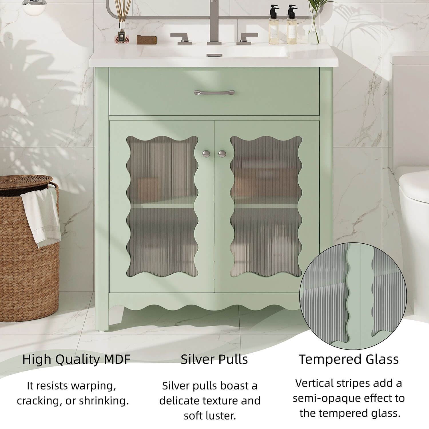 green vanity cabinet with durable MDF and rubber wood construction