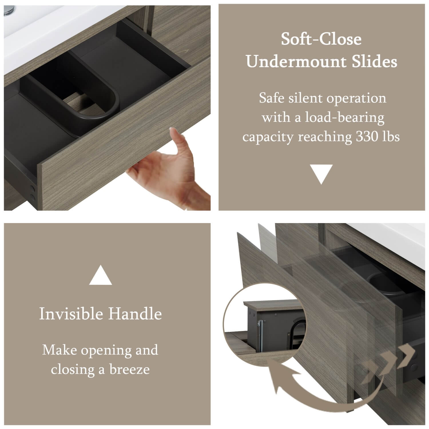 grey bathroom vanity silent soft close drawer undermount slides with invisible handle design