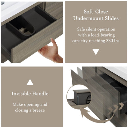 grey bathroom vanity silent soft close drawer undermount slides with invisible handle design