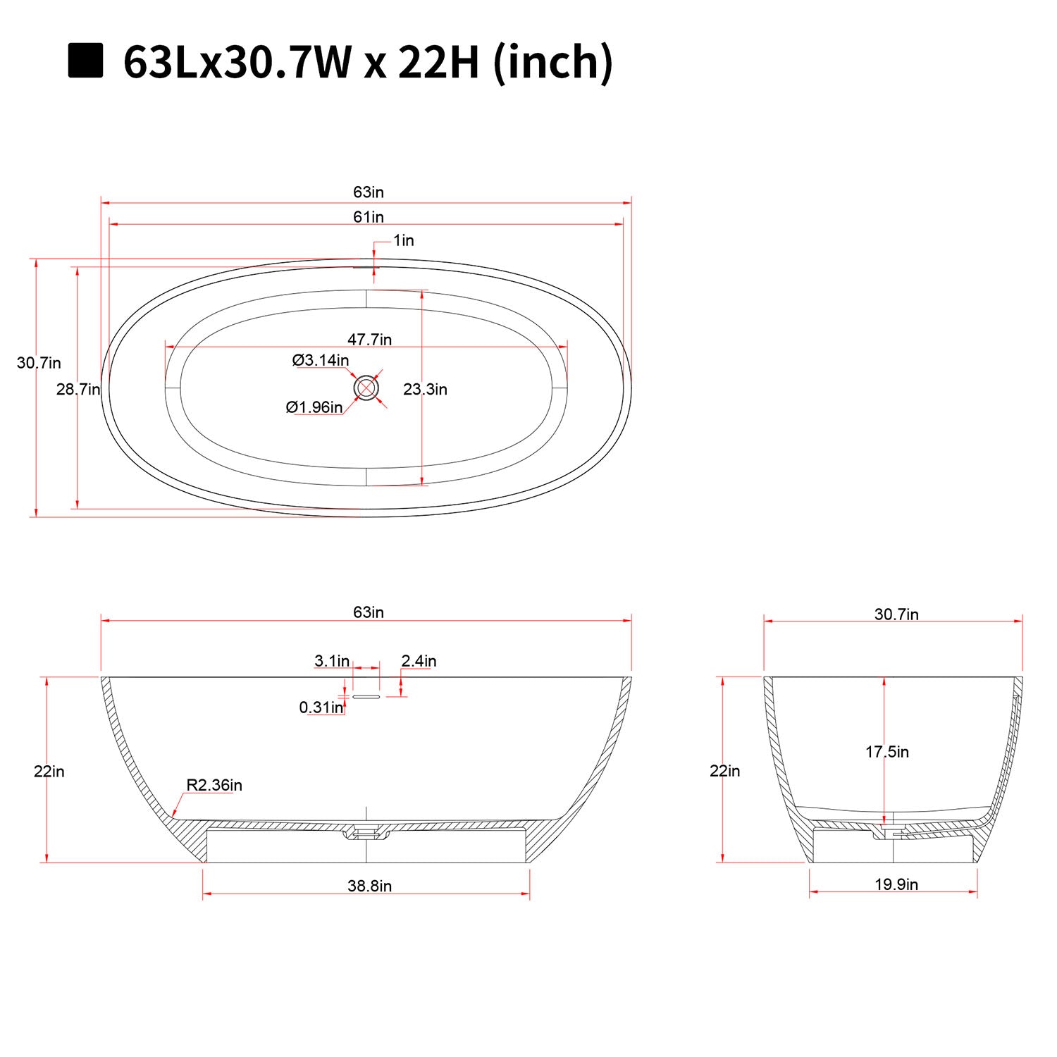 145 cm beige freistehende Badewanne – langlebig und leicht zu reinigen