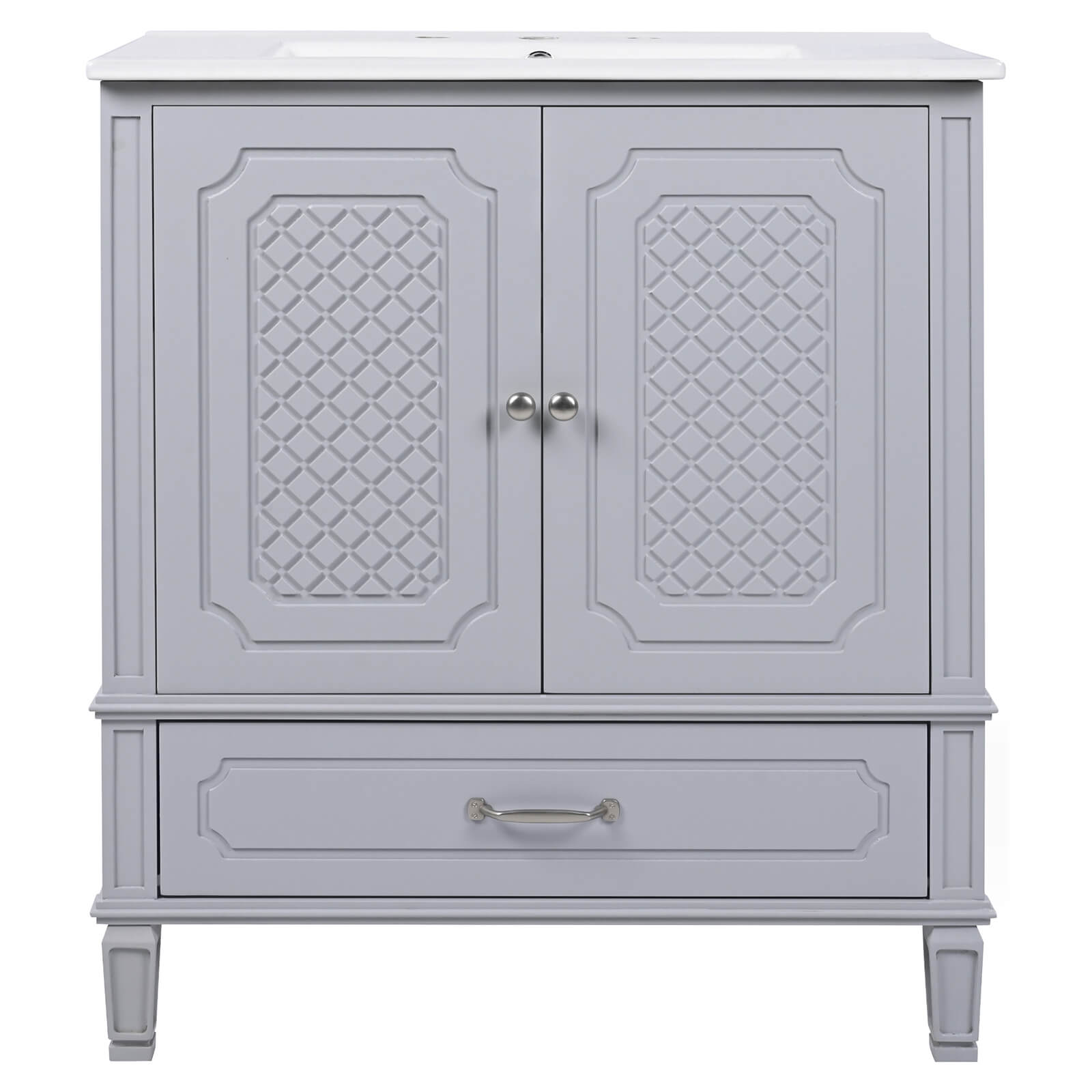 handcrafted gray vanity with subtle carved front panel accents