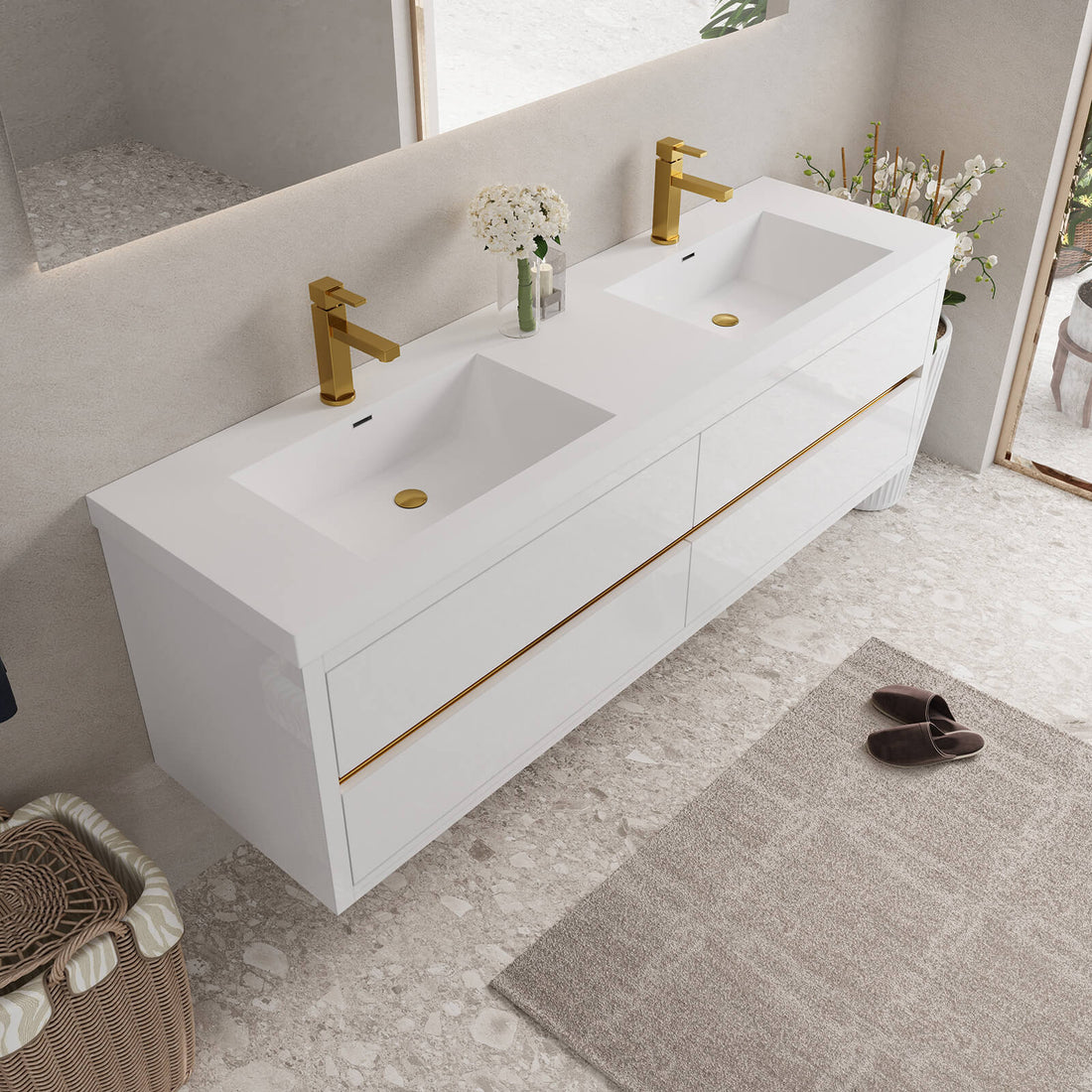 high end floating double sink vanity with gold detail and stone resin countertop