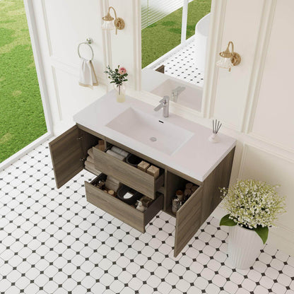 high angle modern bathroom interior with 48 inch grey floating vanity open cabinet storage