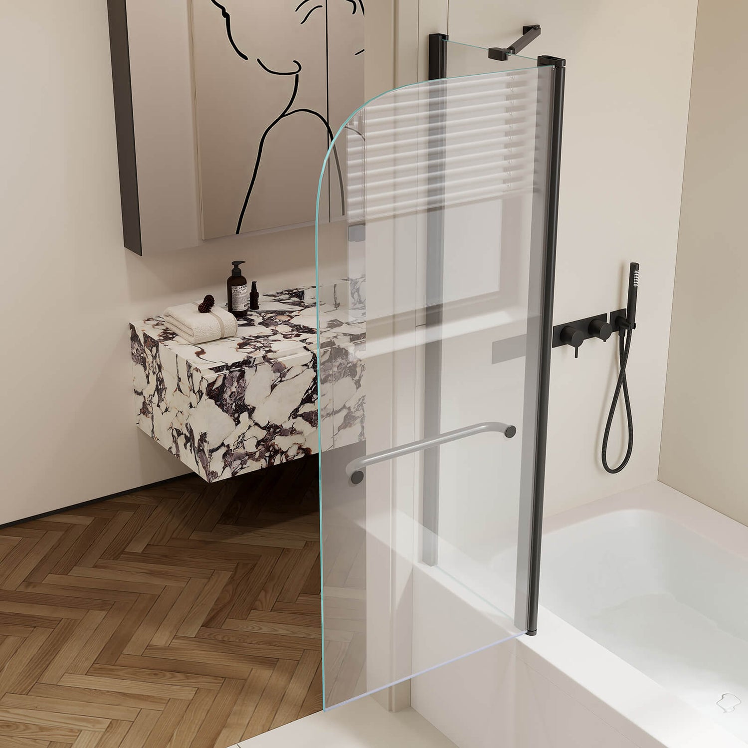 industrial style shower door with black aluminum frame and fixed panel