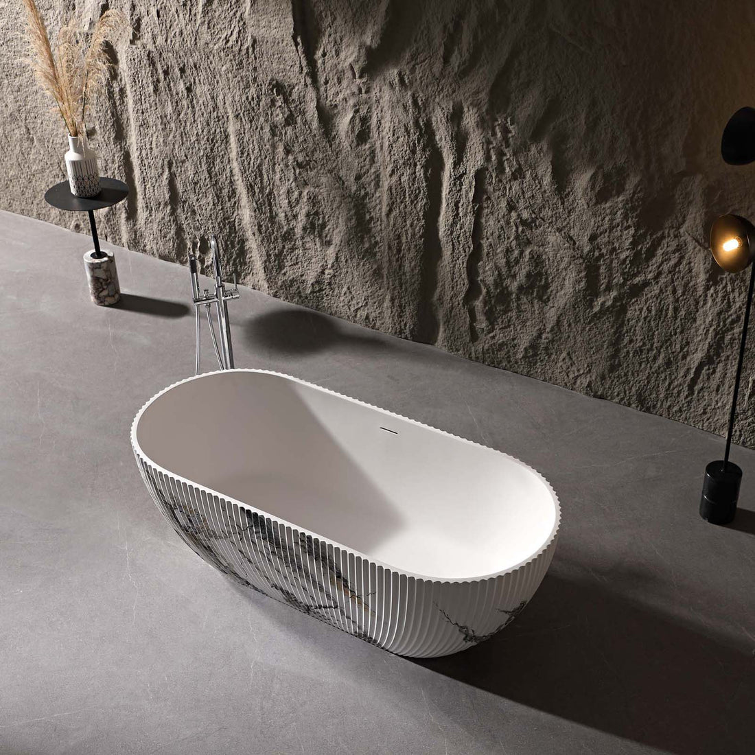 ink marble finish bathtub with vertical grooves design