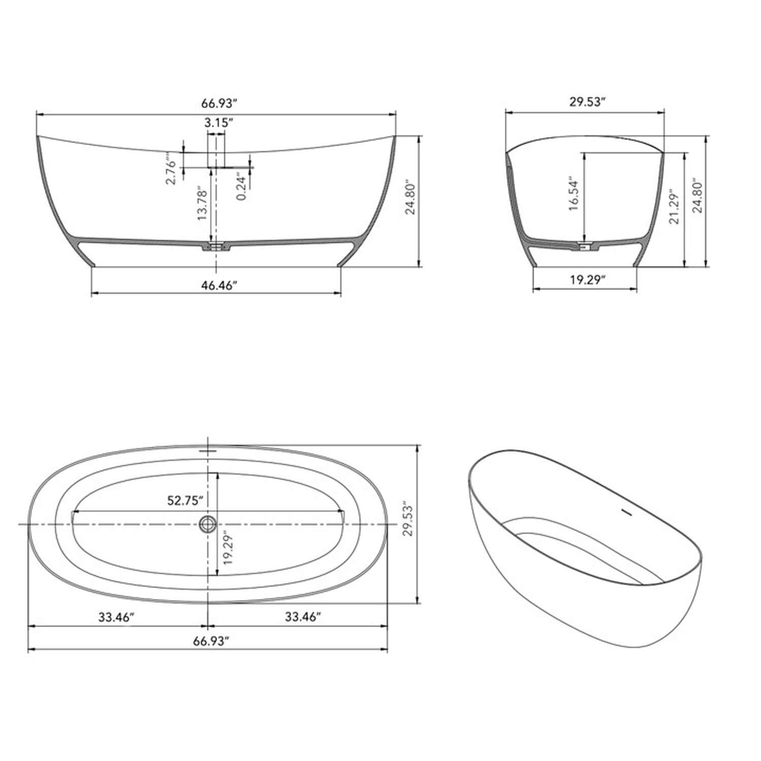 67" Brown Wood Grain Double Slipper Solid Surface Freestanding Soaking Tub