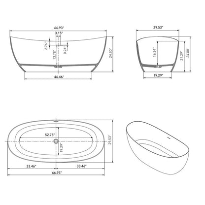 67" Brown Wood Grain Double Slipper Solid Surface Freestanding Soaking Tub