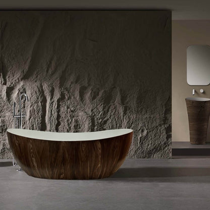 67" Brown Wood Grain Double Slipper Solid Surface Freestanding Soaking Tub