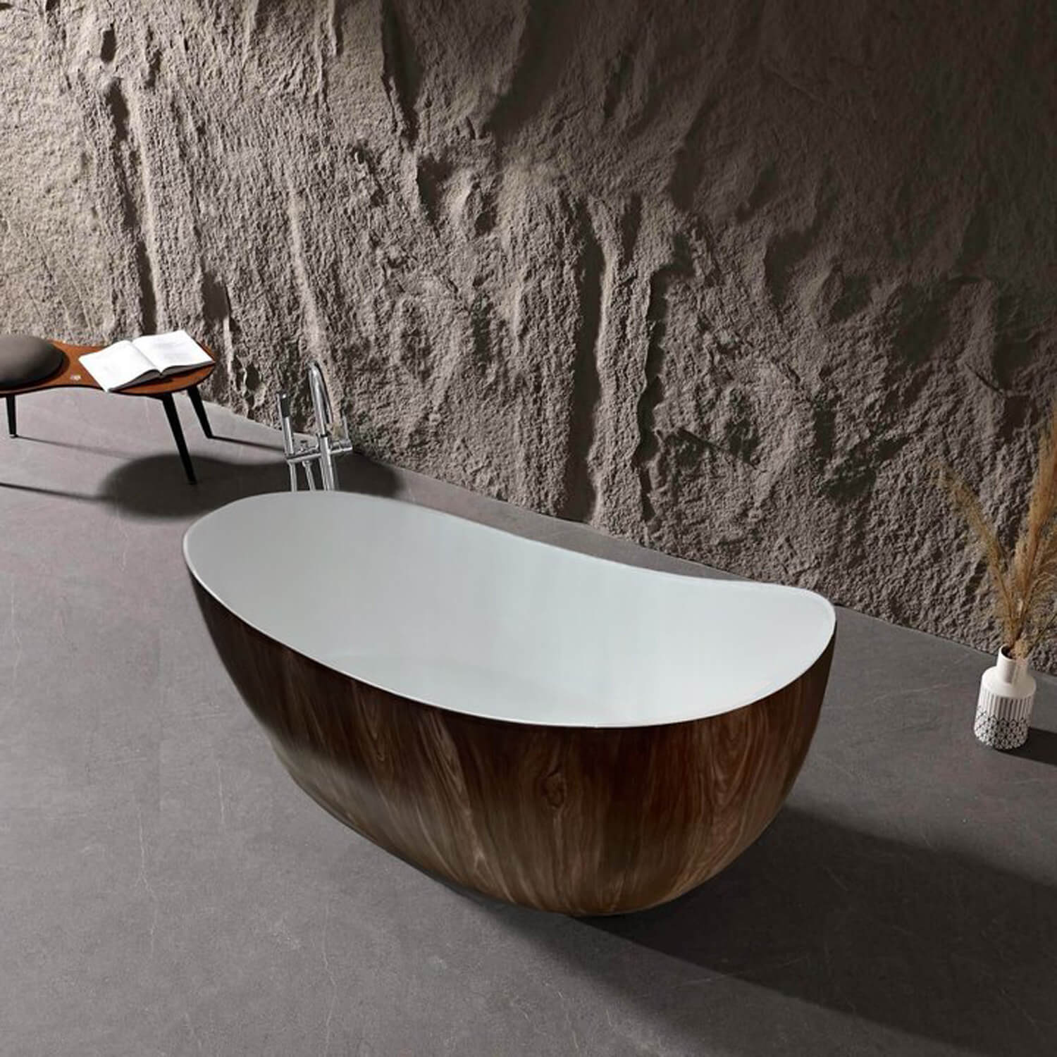 67" Brown Wood Grain Double Slipper Solid Surface Freestanding Soaking Tub