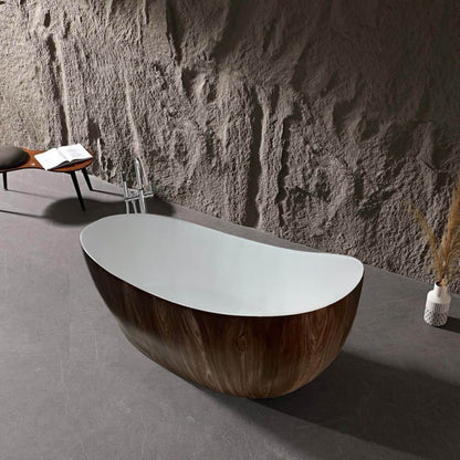 67" Brown Wood Grain Double Slipper Solid Surface Freestanding Soaking Tub