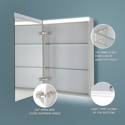 20 x 30 Inch Dimmable LED Bathroom Mirror Cabinet with 3-Tier Storage Shelves