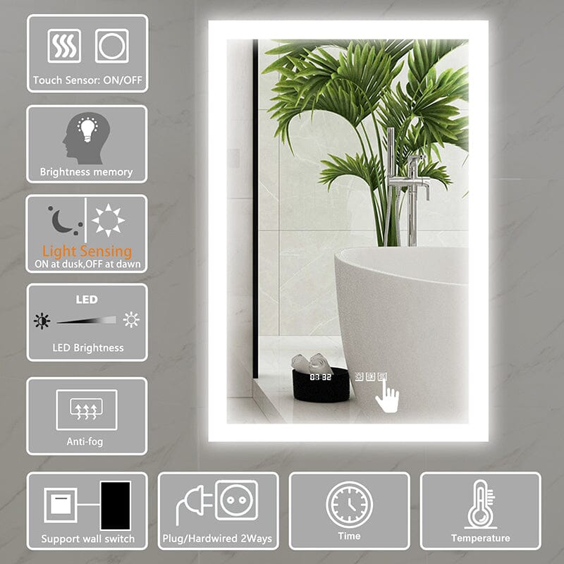 24 x 36 Inch LED Bathroom Mirror Anti Fog Dimmable Touch Button Memory Function