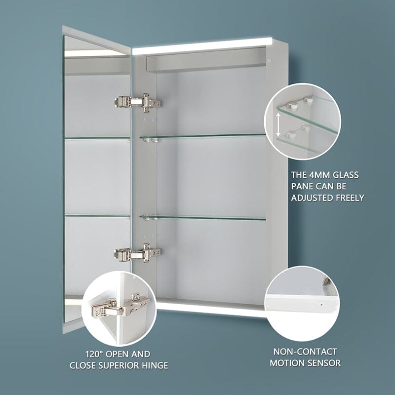 20 x 26 Inch Dimmable LED Bathroom Mirror Cabinet with 3-Tier Storage Shelves