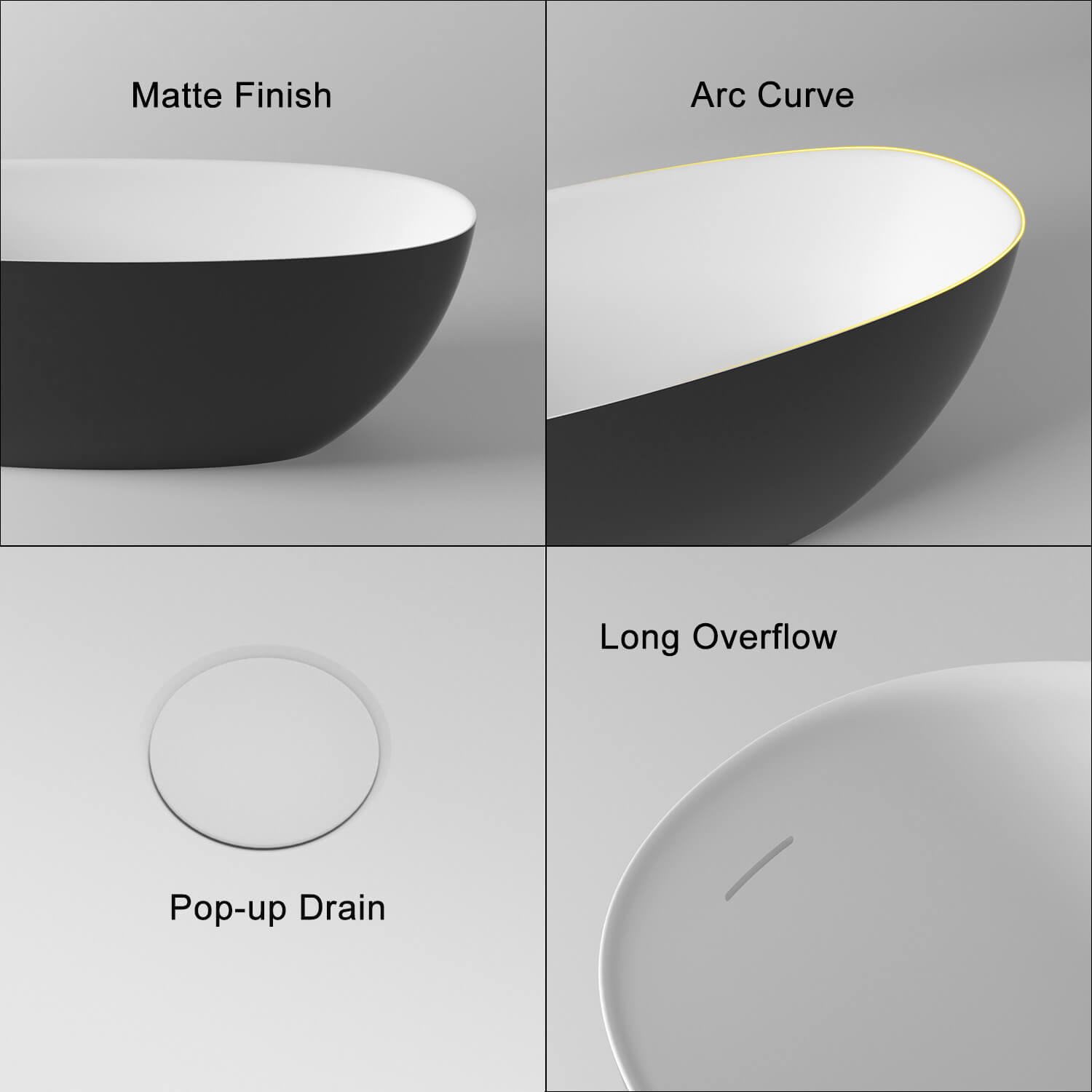 Detail of modern oval freestanding bathtub with white inside and black outside