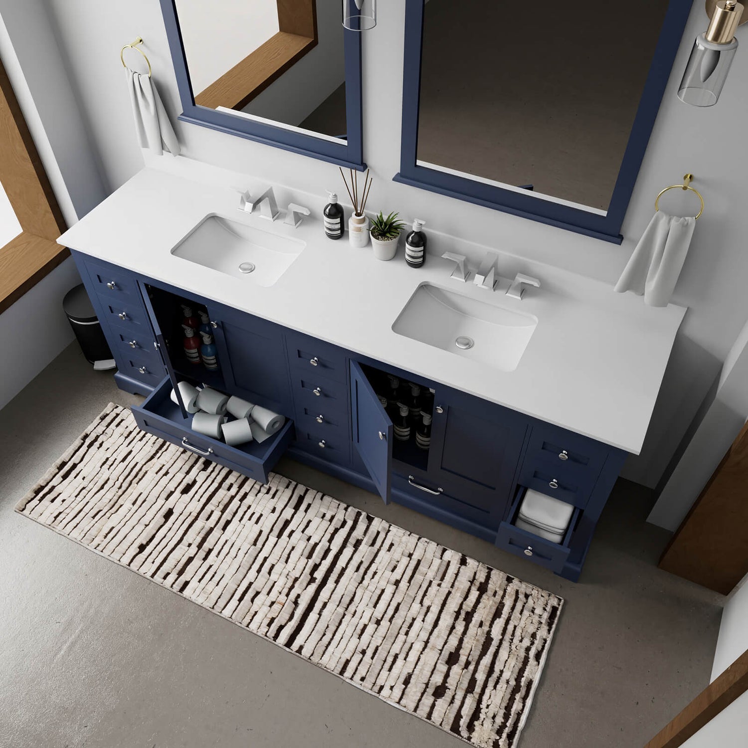 large blue bathroom vanity for master bath with modern finish