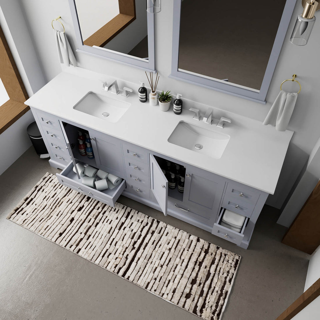large double vanity in gray with modern hardware