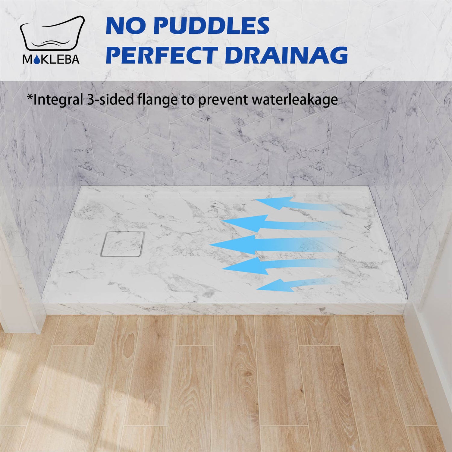 left drain shower base single threshold 3-sided flange leak protection design