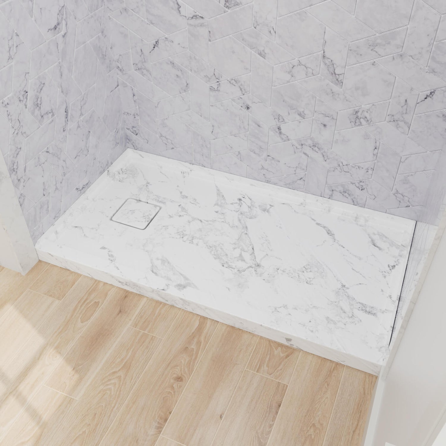 left drain shower base with marble style surface for contemporary bathroom