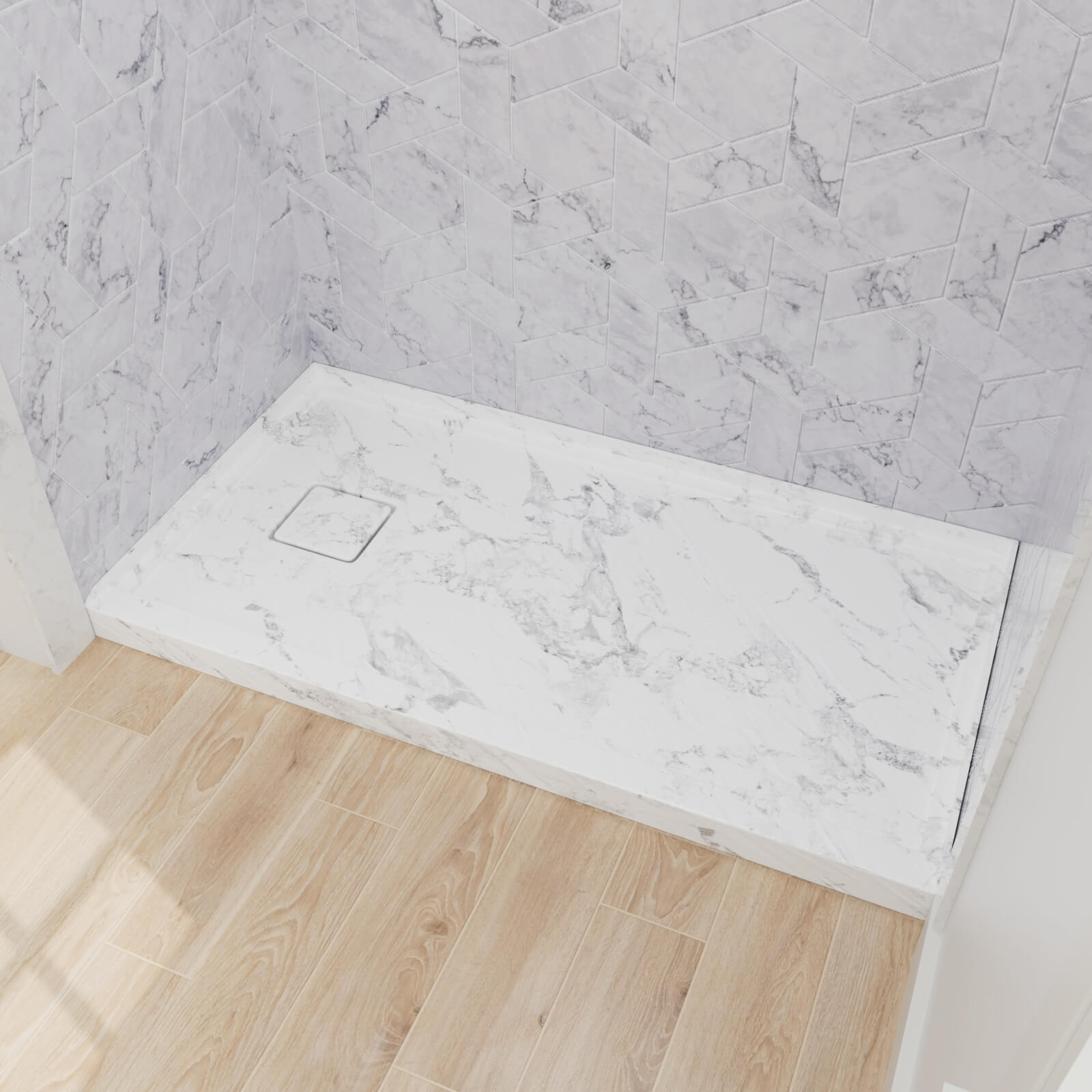 left drain shower base with marble style surface for contemporary bathroom