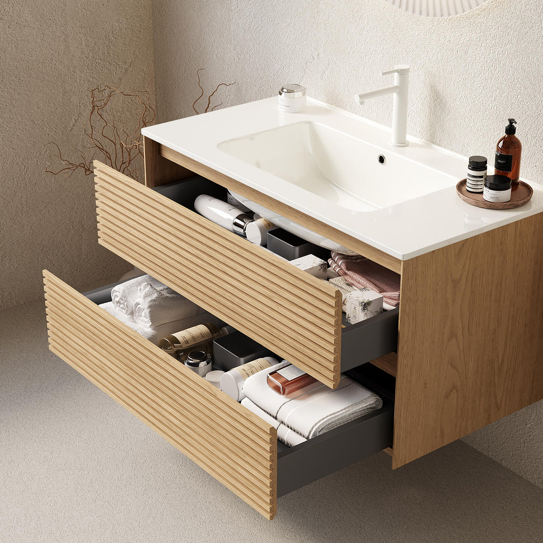 light oak bathroom vanity with two storage drawers