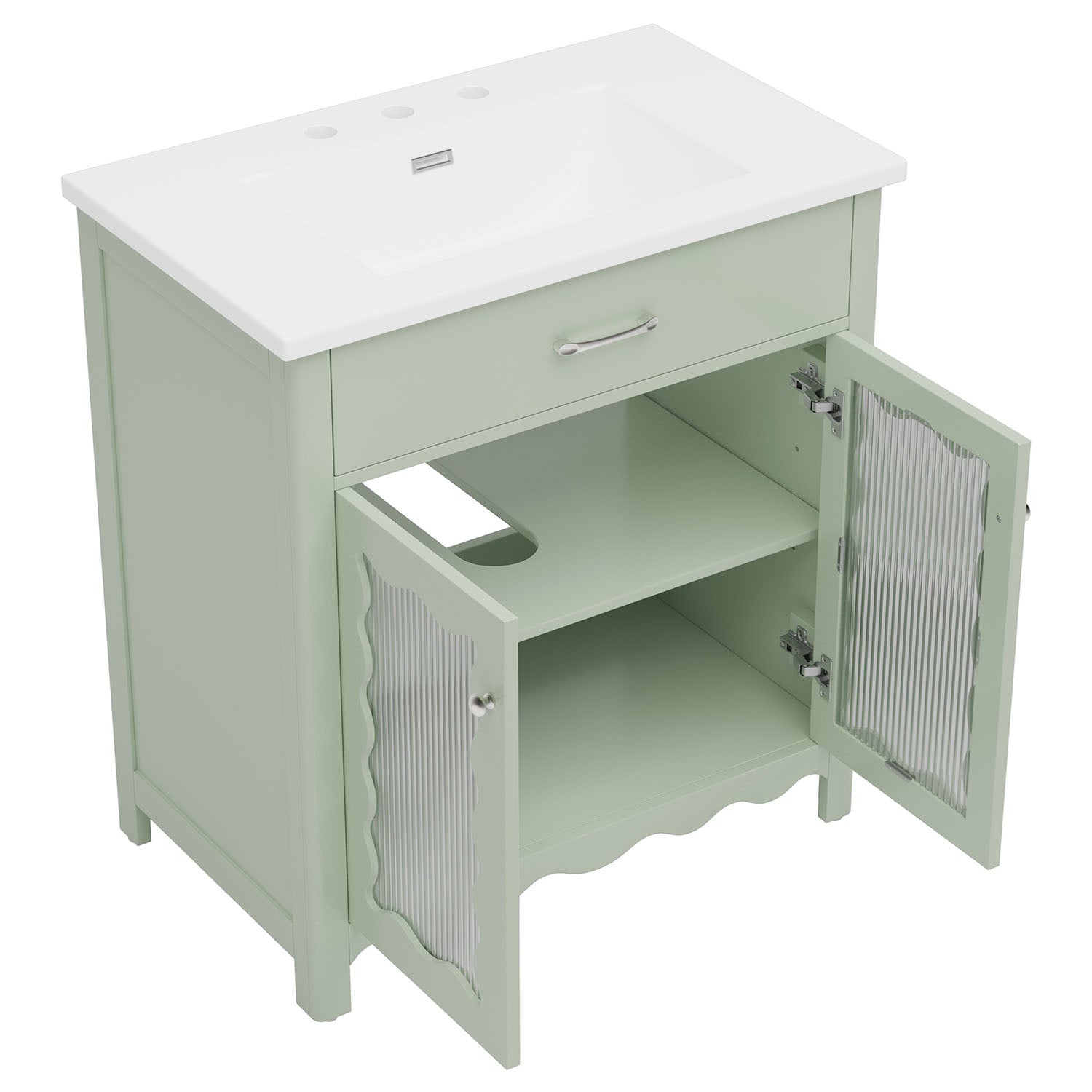 light green bathroom vanity with soft close doors and storage cabinet