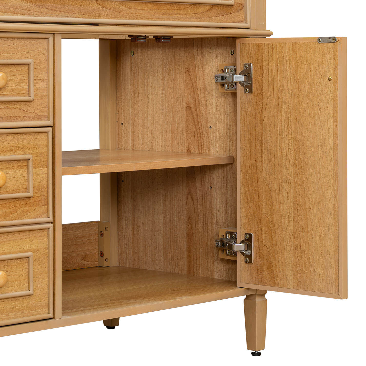 light wood bathroom vanity with large storage space for essentials