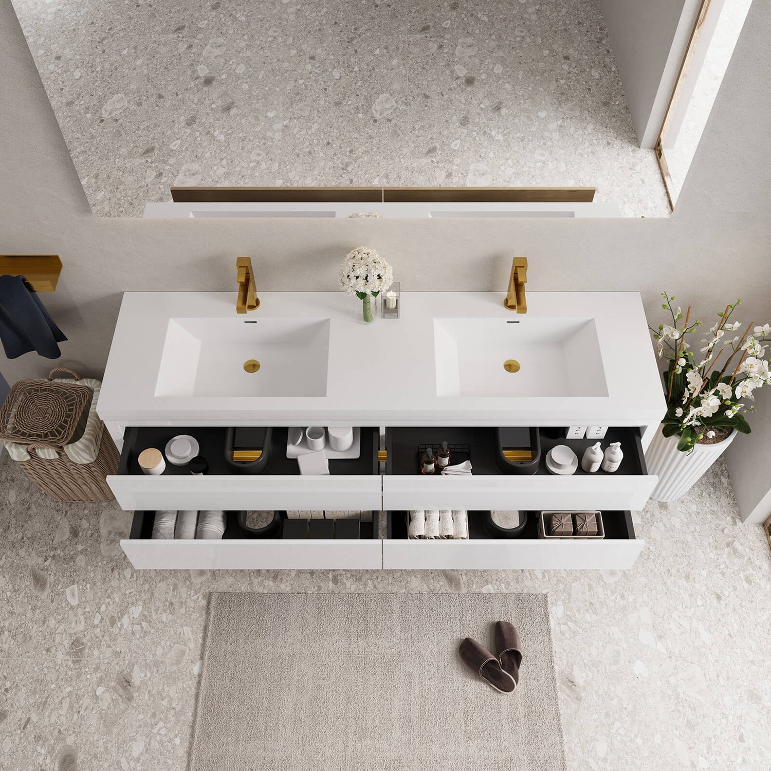 luxurious double sink vanity with gold accent design for modern bathrooms