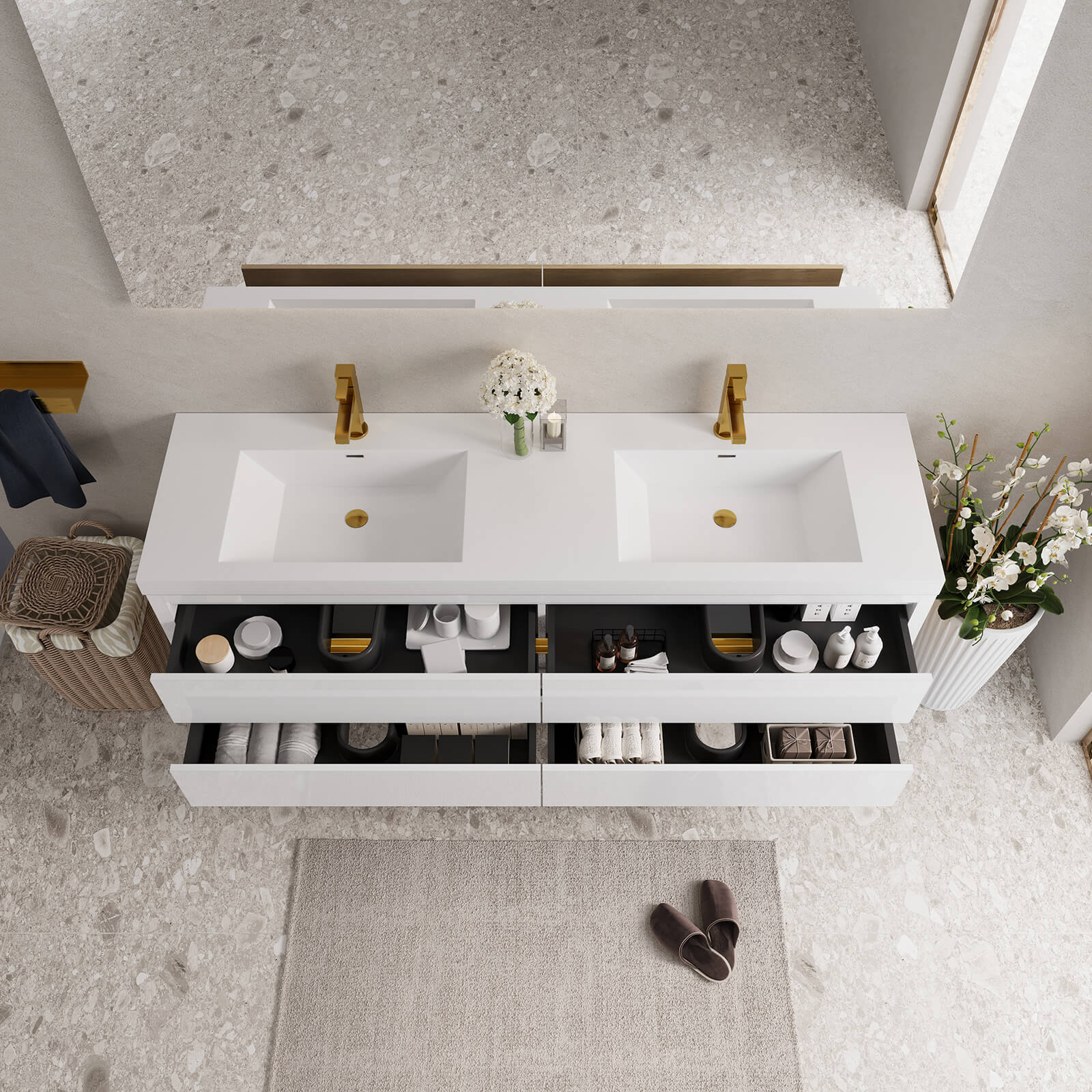 luxurious double sink vanity with gold accent design for modern bathrooms