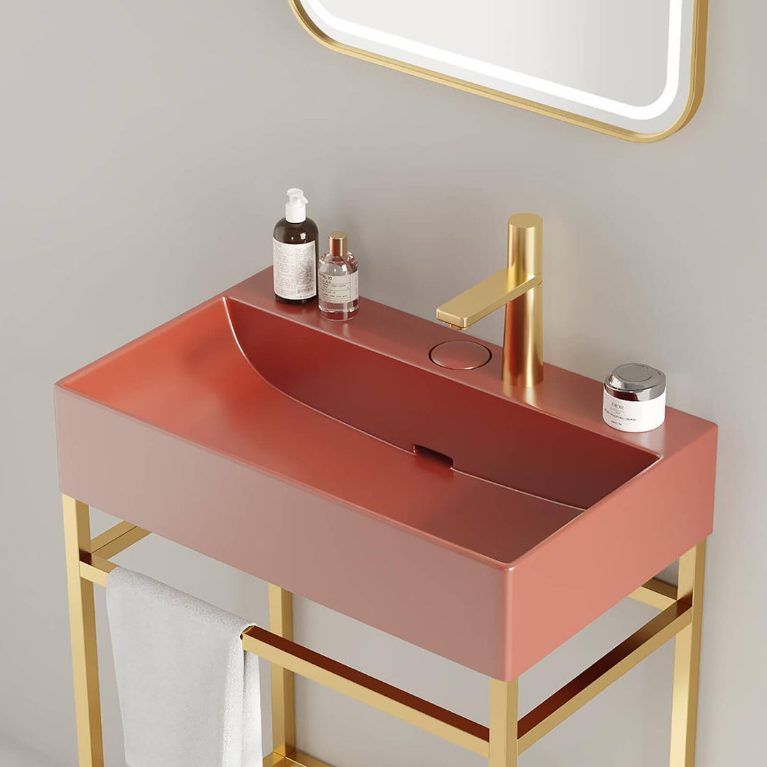 luxury red vanity sink with gold stand