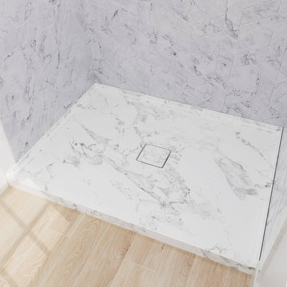 marble-look acrylic shower base adding a modern luxury aesthetic to bathrooms