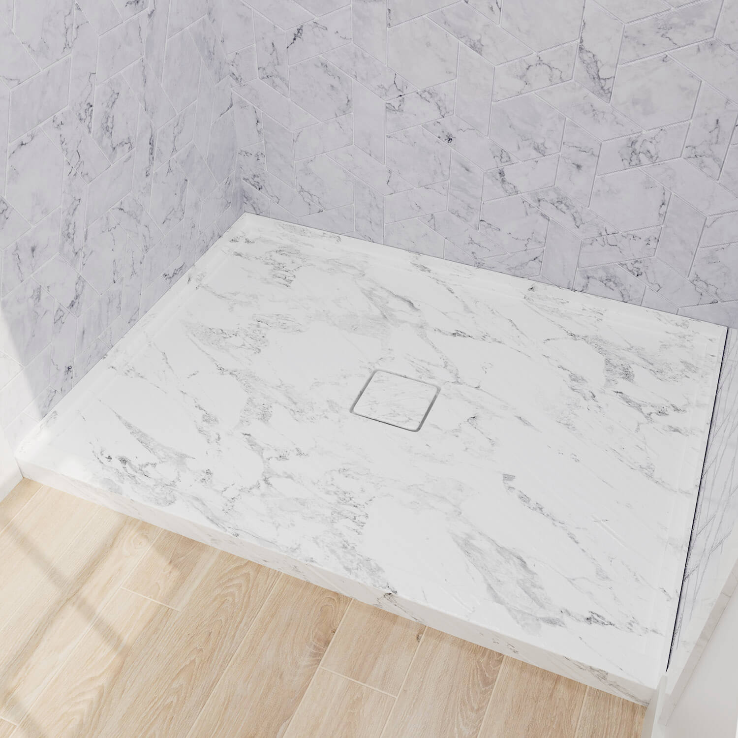 marble-look acrylic shower base with anti-slip texture for alcove bathrooms