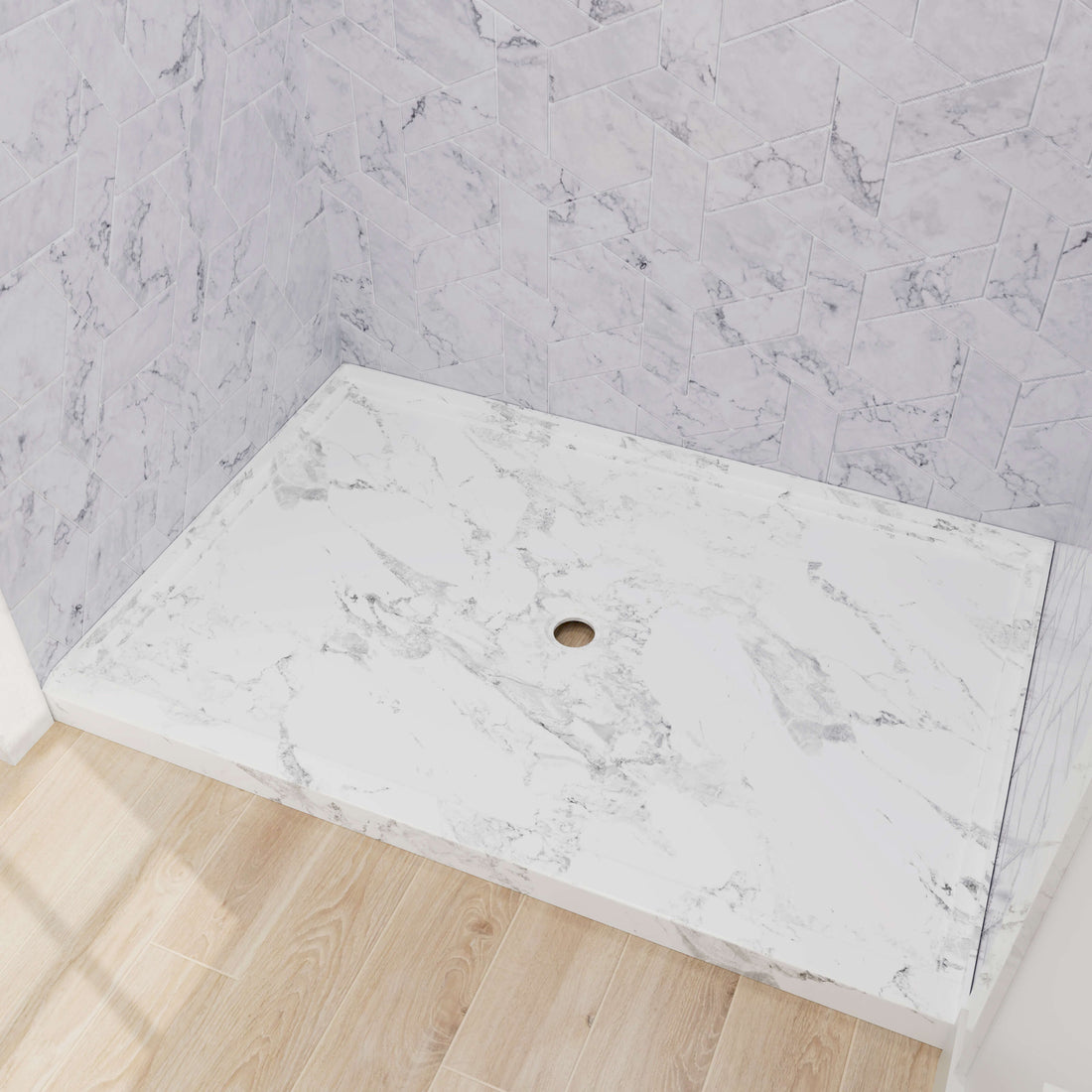 marble pattern acrylic shower base with center drain for alcove setup