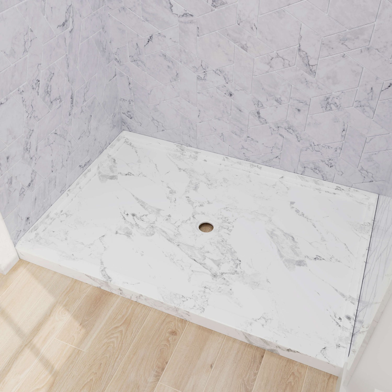 marble pattern acrylic shower base with center drain for alcove setup