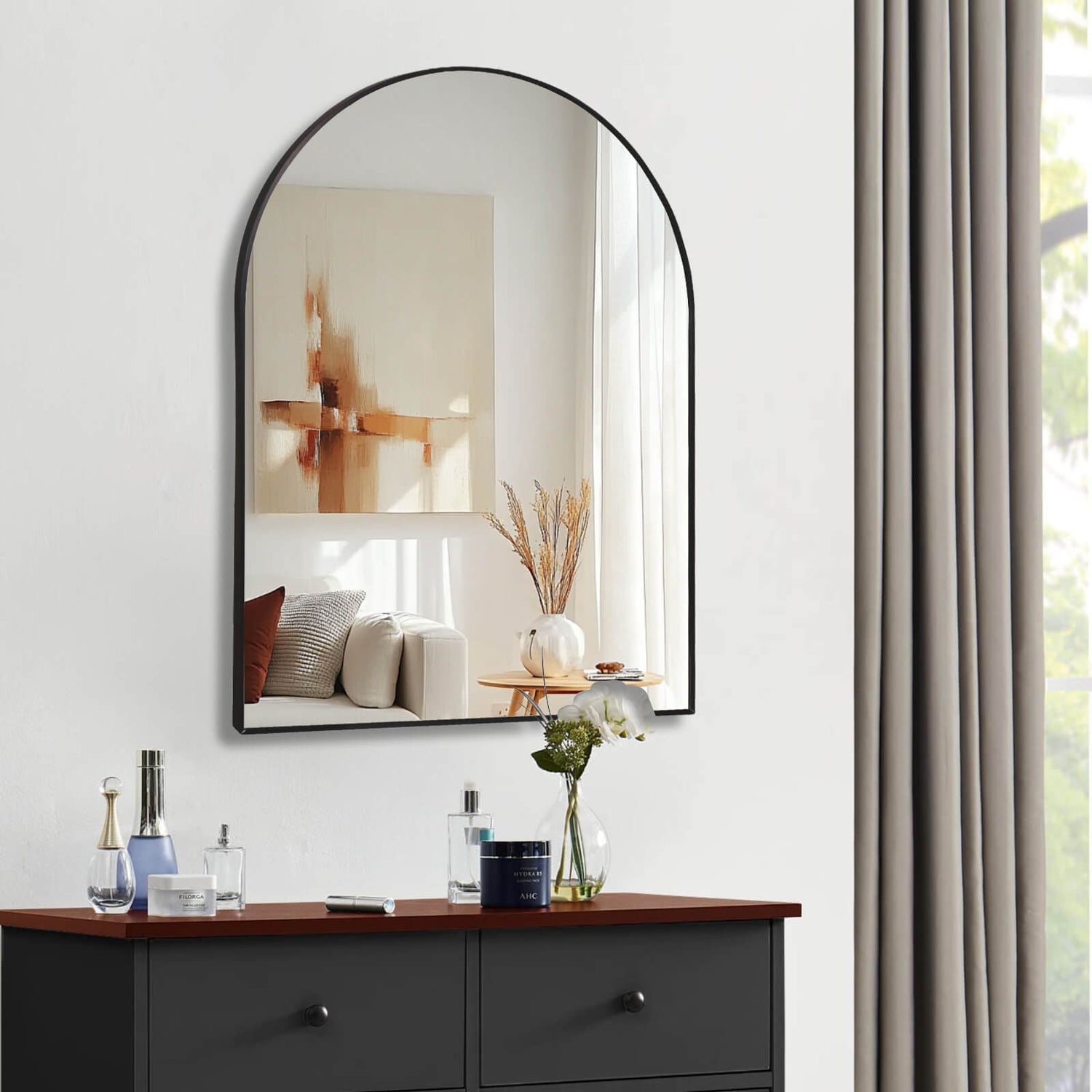 matte black metal frame mirror with arch top