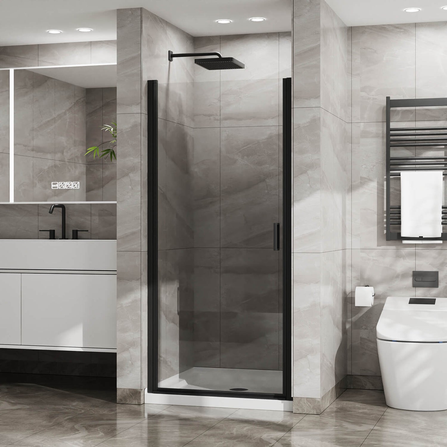 matte black shower door with matching acrylic shower pan