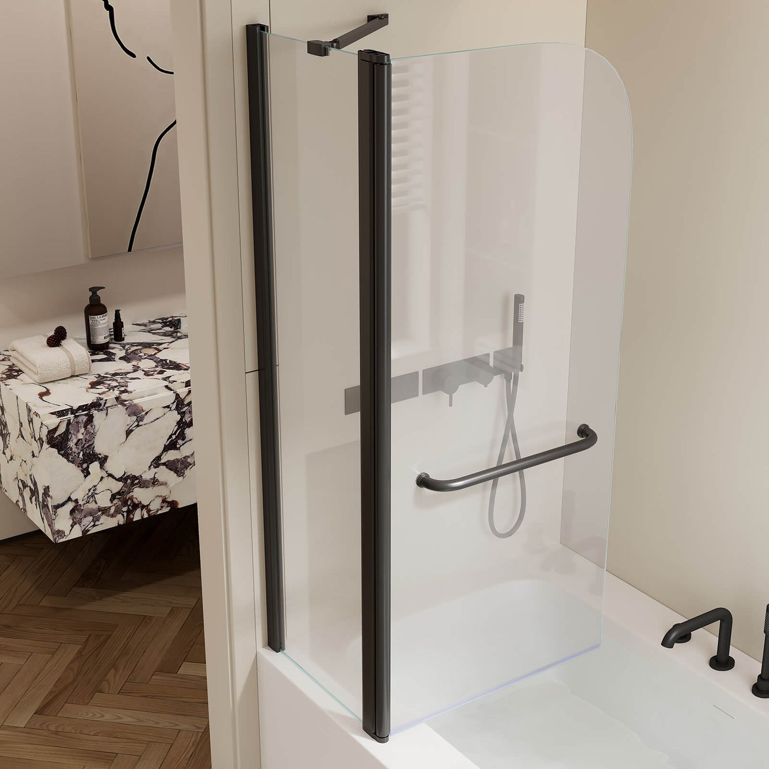 matte black shower door with tempered glass and pivot hinge system