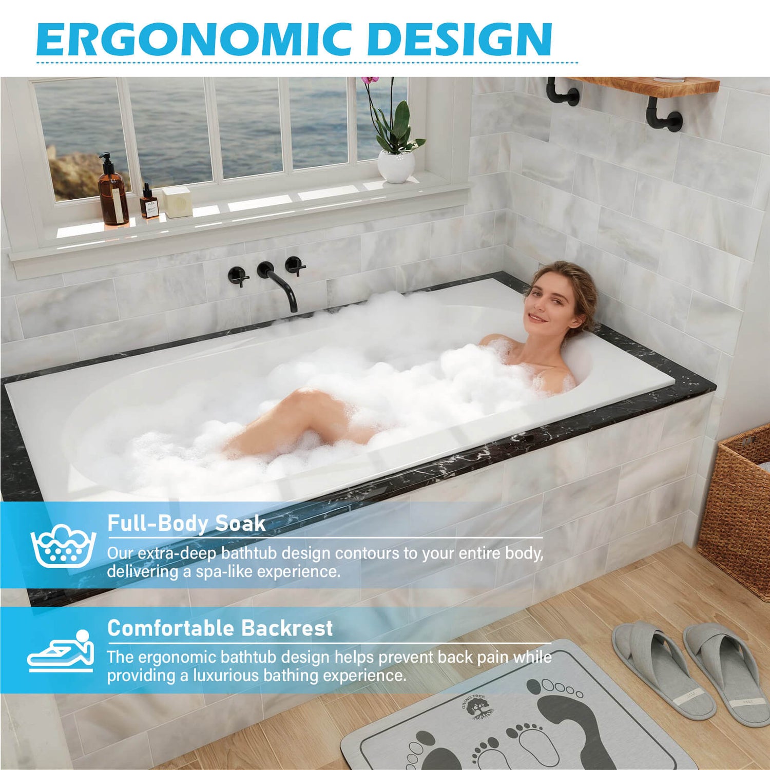 matte white drop in soaking tub with deep 17.52 inch interior