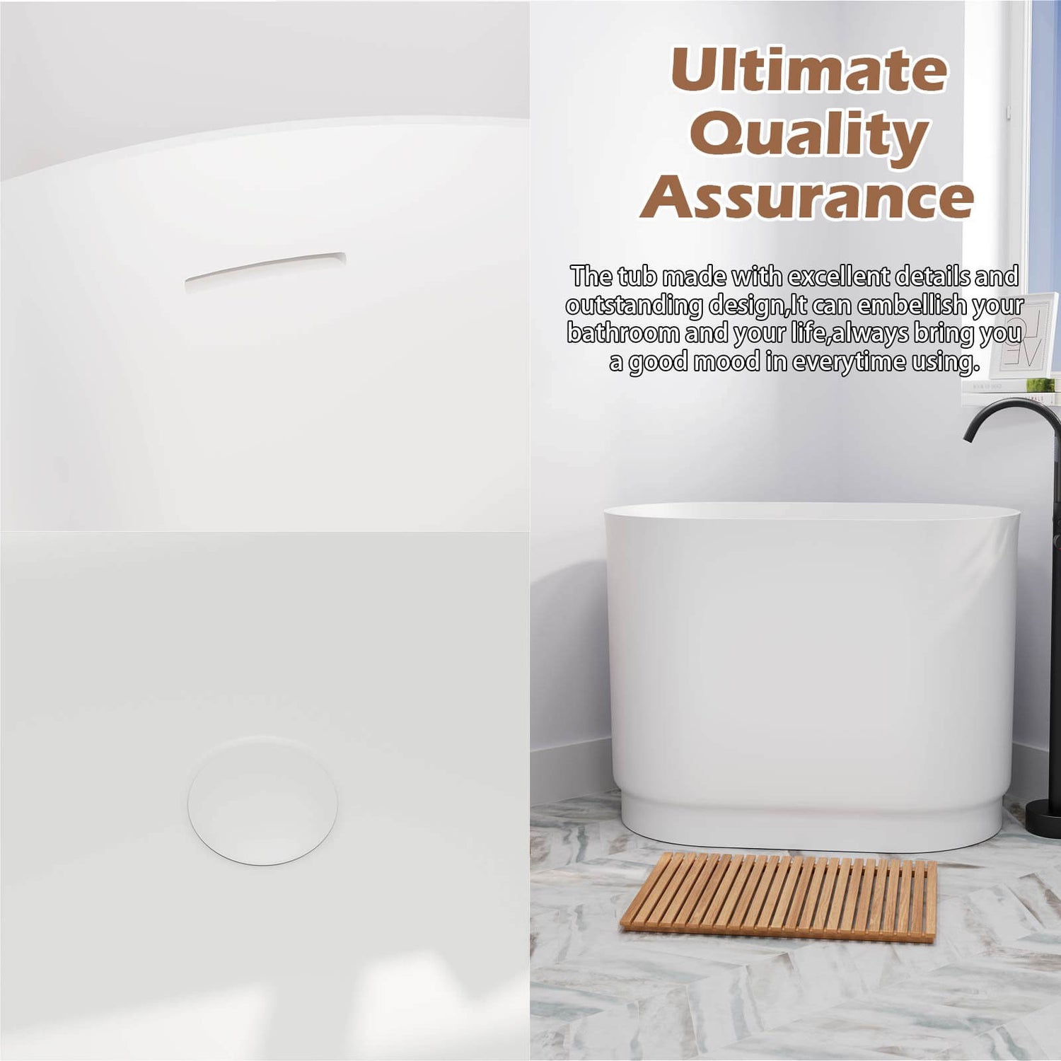 39&quot; Solid Surface Oval Japanese Soaking Tub with Integrated Seat