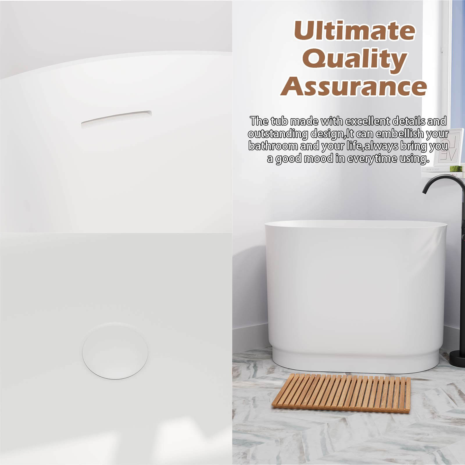 39&quot; Solid Surface Oval Japanese Soaking Tub with Integrated Seat