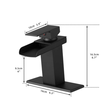 Grifo de lavabo de baño tipo cascada con placa de cubierta de estilo contemporáneo, apto para 1 o 3 orificios y disponible en 2 colores.