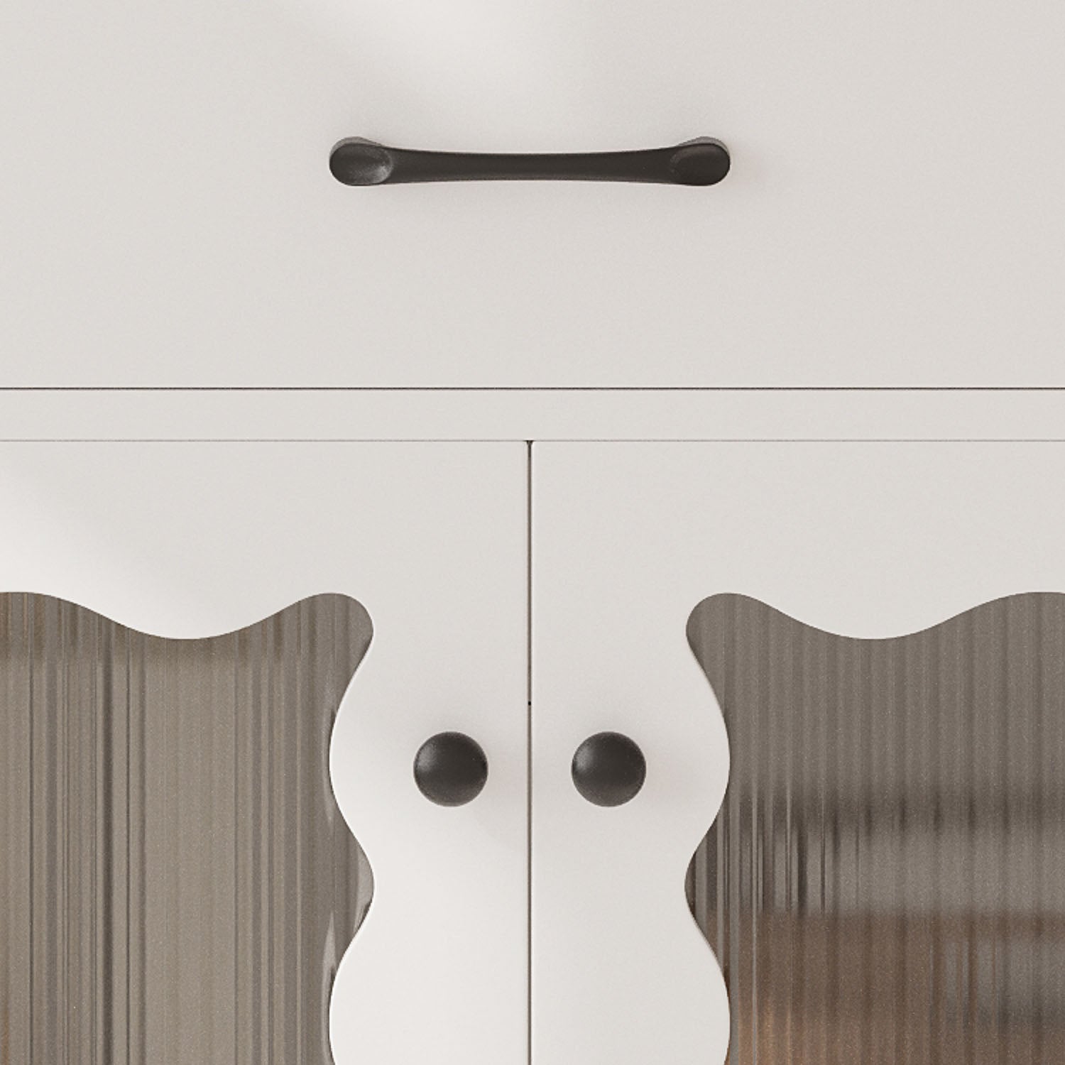 matte black hardware detail on modern white vanity doors