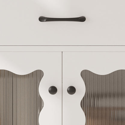 matte black hardware detail on modern white vanity doors