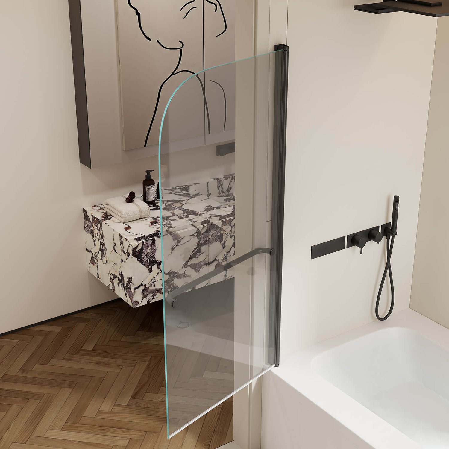 minimal black pivot bathtub door for modern bathrooms
