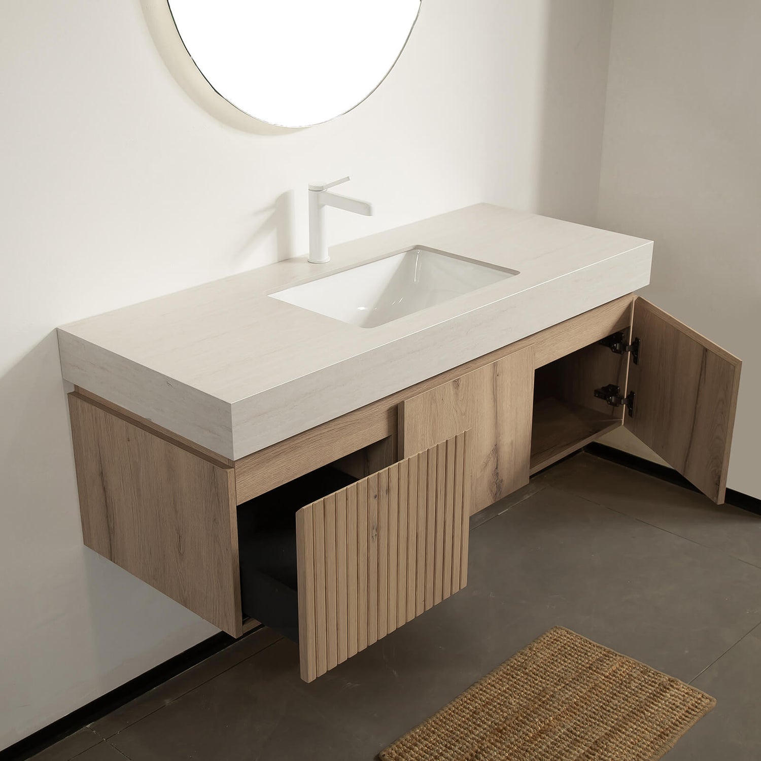 minimalist floating vanity with soft close storage and stone top
