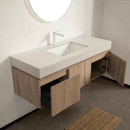 minimalist floating vanity with soft close storage and stone top