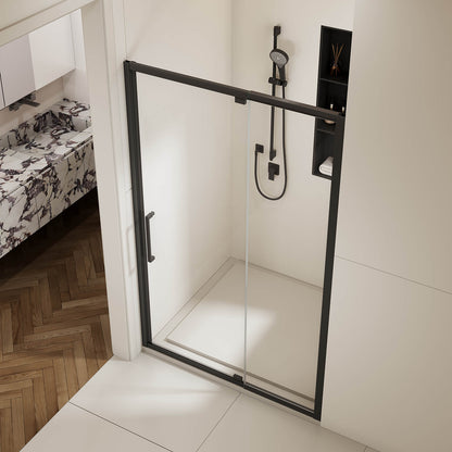 modern bathroom pivot shower door in matte black finish