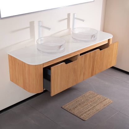 modern bathroom vanity with dual round clear glass sinks