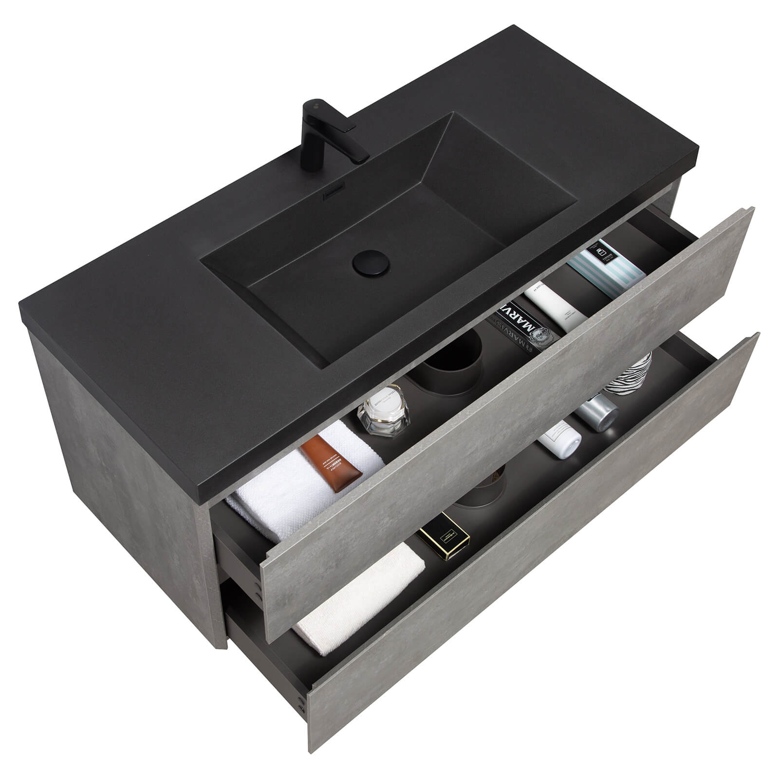 modern bathroom vanity with floating design and sleek cement gray finish